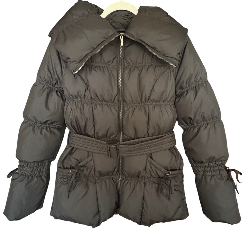 $300 COLE HAAN Black Quilted Belted Down Puffer Jacket Zip Up Collar Wmns MEDIUM